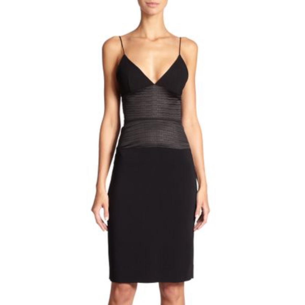 L'AGENCE Black Woven-Paneled Deep V Neck Dress